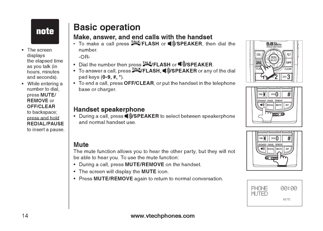 VTech i6777, I6768, I6787 Basic operation, Make, answer, and end calls with the handset, Handset speakerphone, Mute 