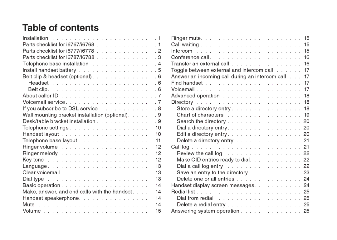 VTech i6777, I6768, I6787 important safety instructions Table of contents 