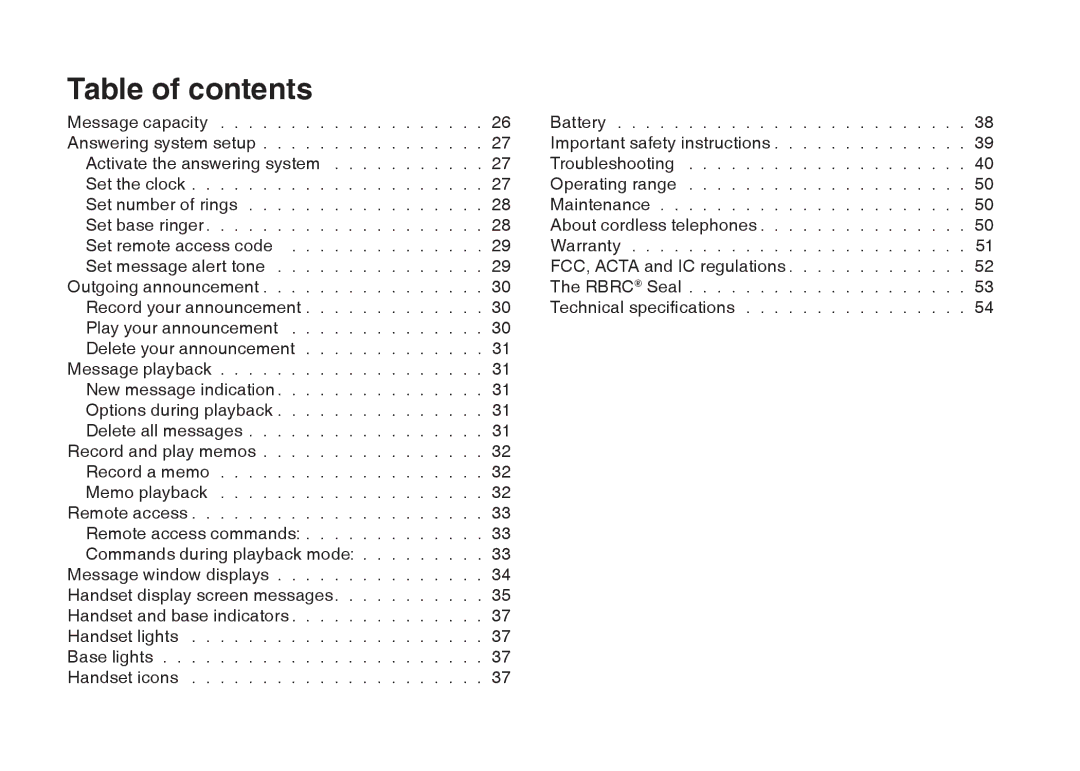 VTech I6768, I6787, i6777 important safety instructions Table of contents 