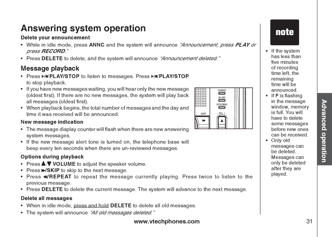 VTech I6787, I6768, i6777 Message playback, Delete your announcement, New message indication, Options during playback 