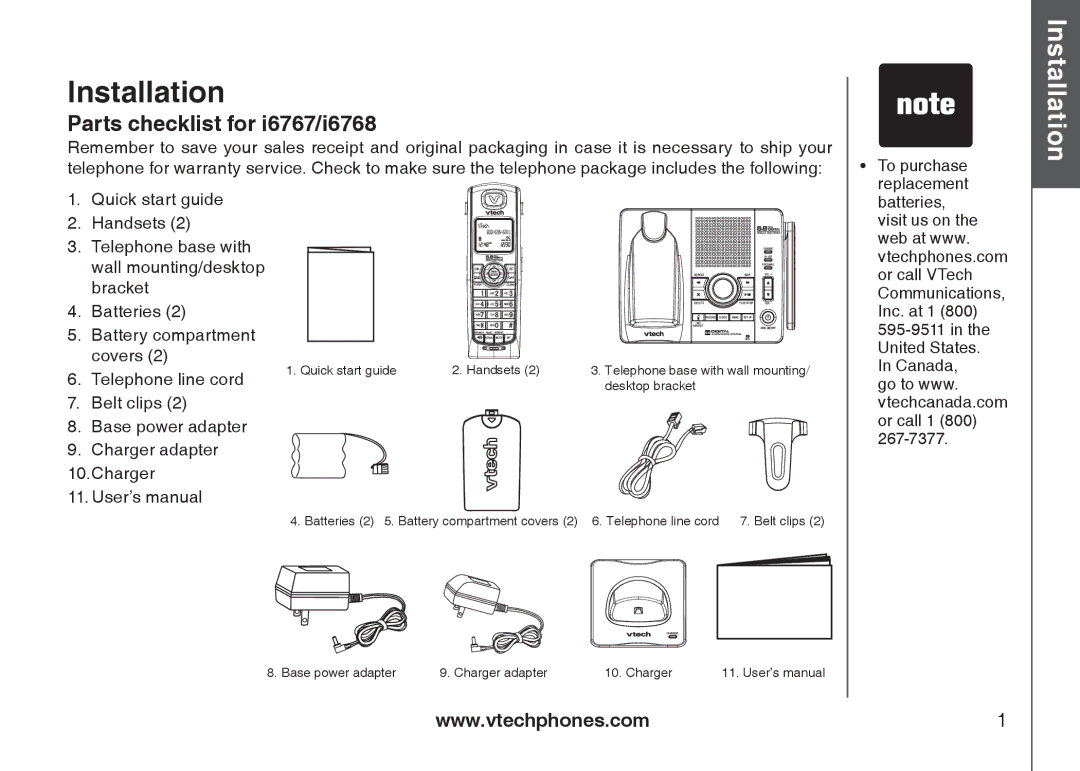 VTech I6787, I6768, i6777 important safety instructions Installation, Parts checklist for i6767/i6768 