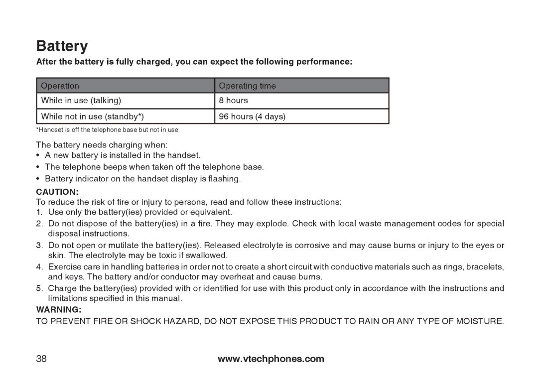 VTech i6777, I6768, I6787 important safety instructions Battery 