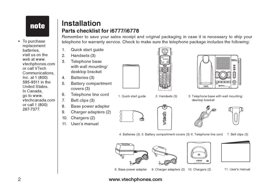 VTech I6768, I6787 Parts checklist for i6777/i6778, Base power adapter Charger adapters Chargers User’s manual 