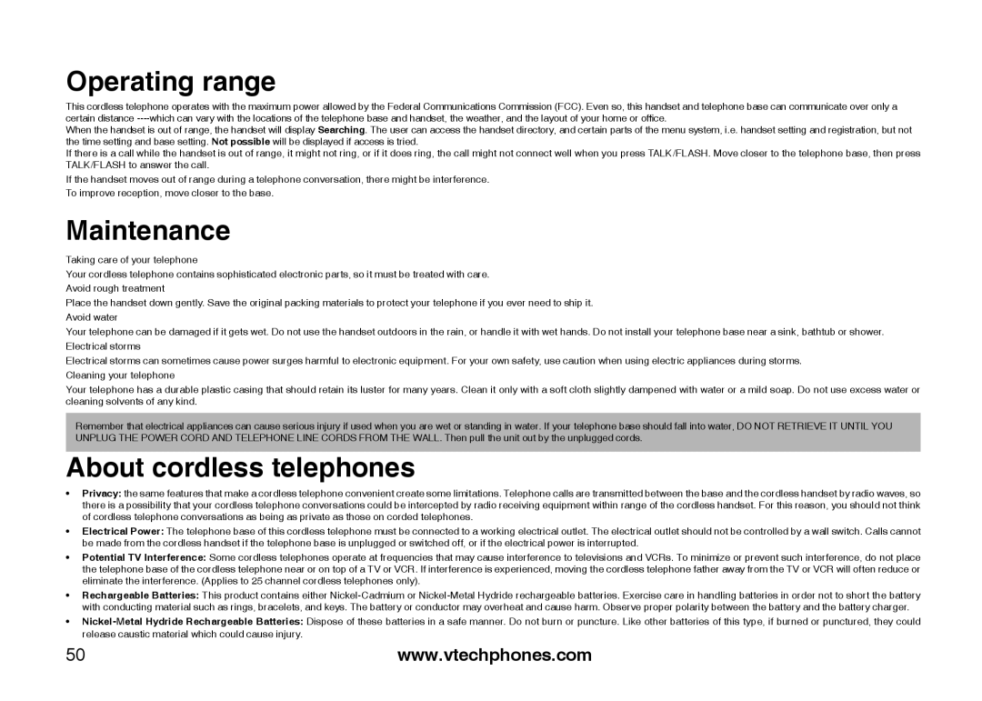 VTech i6777, I6768, I6787 important safety instructions Operating range, Maintenance, About cordless telephones 