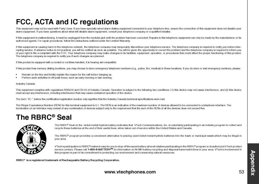 VTech i6777, I6768, I6787 important safety instructions Rbrc Seal 