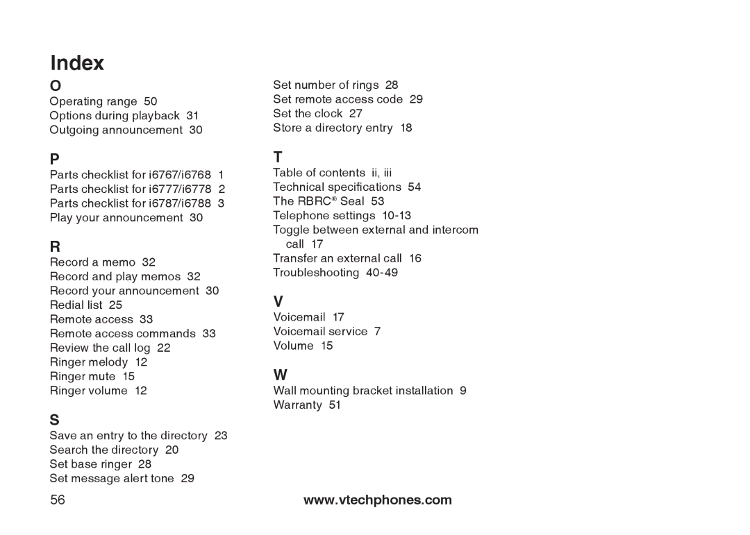 VTech i6777, I6768, I6787 important safety instructions Index 