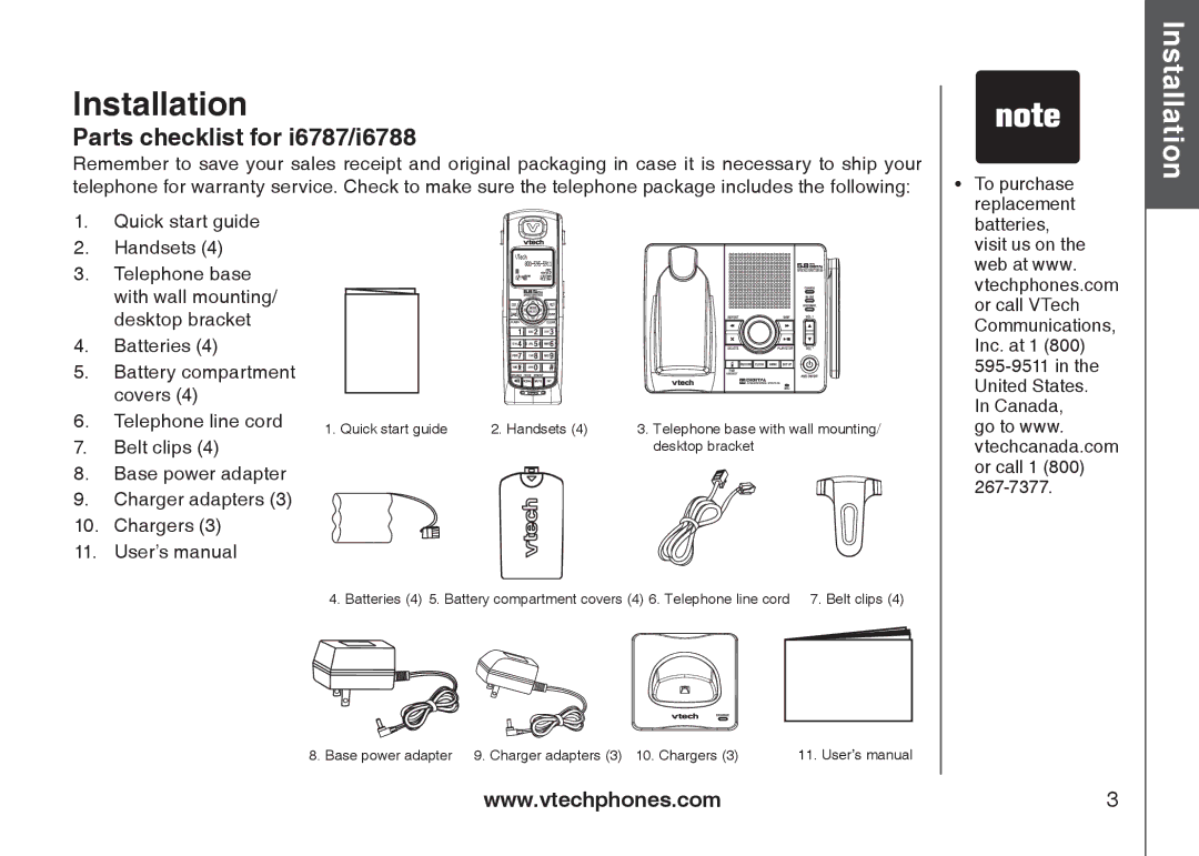 VTech I6768, I6787, i6777 important safety instructions Parts checklist for i6787/i6788 