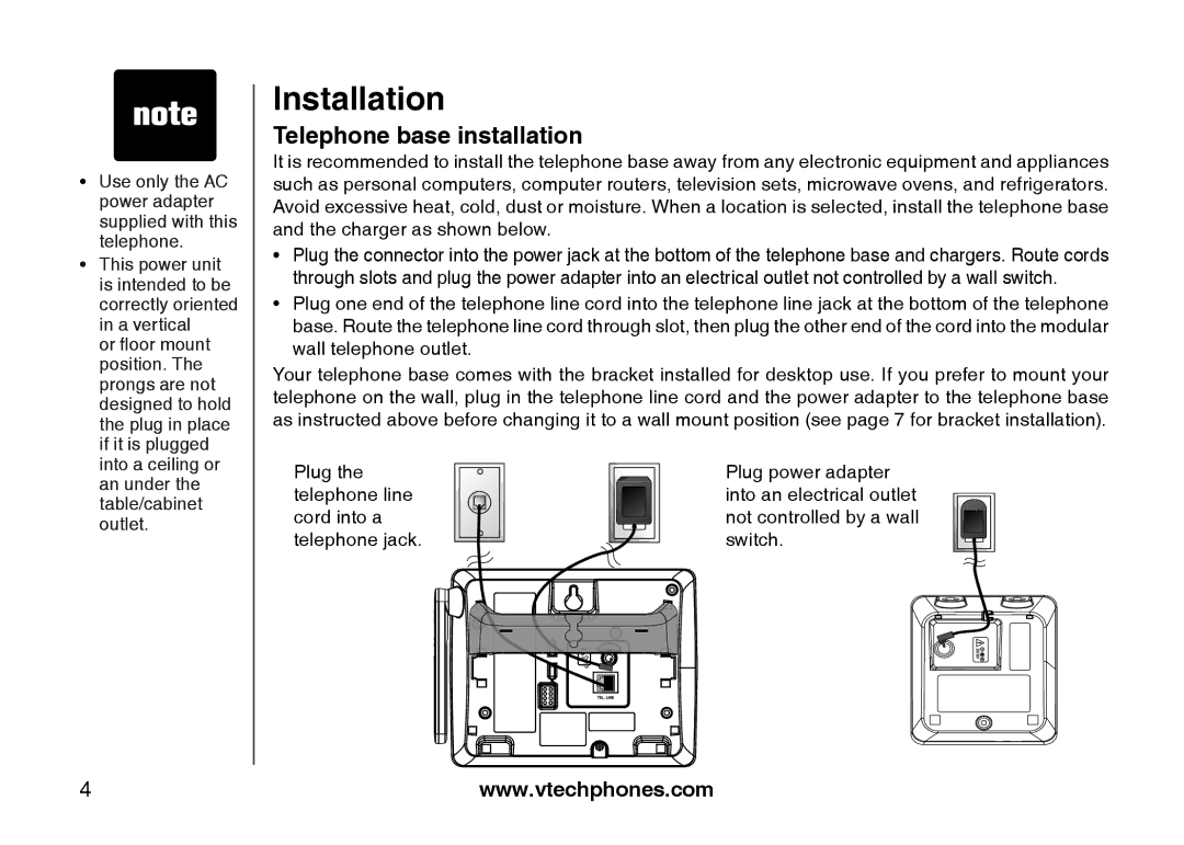 VTech I6787, I6768, i6777 important safety instructions Telephone base installation 