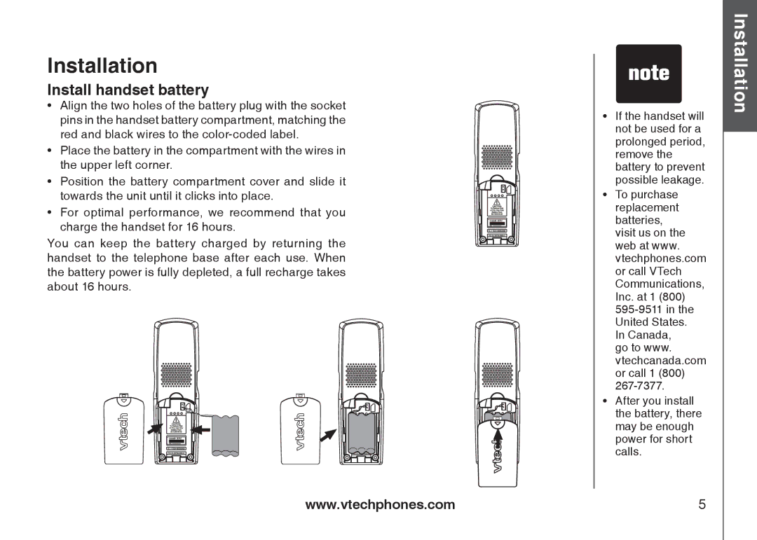 VTech i6777, I6768, I6787 important safety instructions Install handset battery 