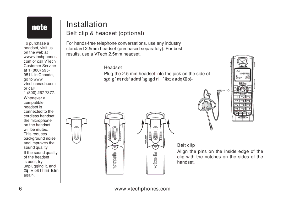 VTech I6768, I6787, i6777 important safety instructions Belt clip & headset optional, Headset 