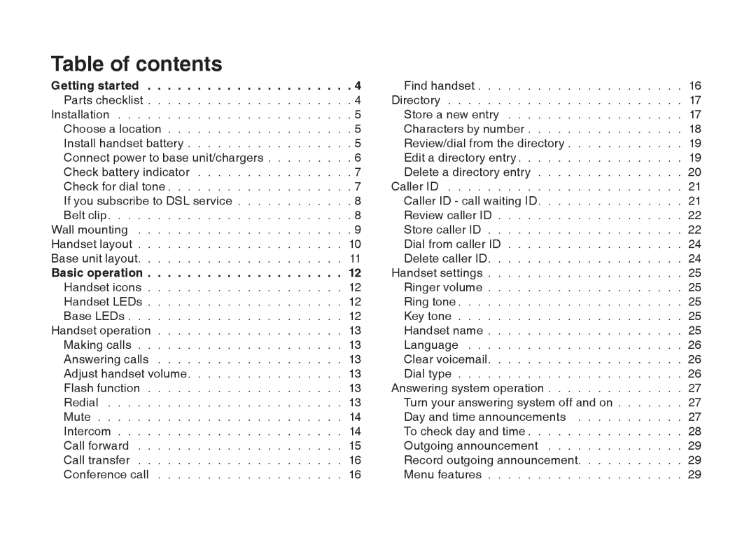 VTech i6775 user manual Table of contents 