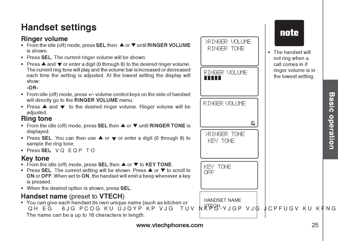 VTech i6775 user manual Handset settings, Ringer volume, Ring tone, Key tone, Handset name preset to Vtech 