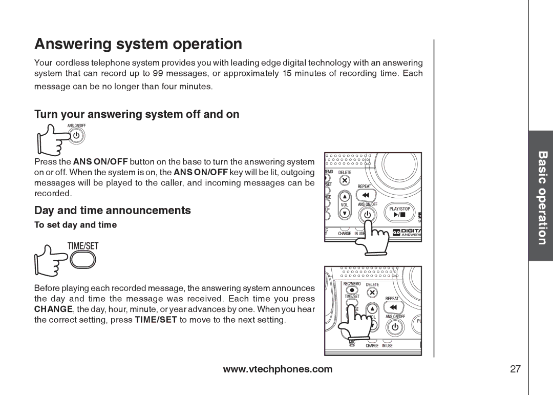 VTech i6775 user manual Answering system operation, Turn your answering system off and on, Day and time announcements 