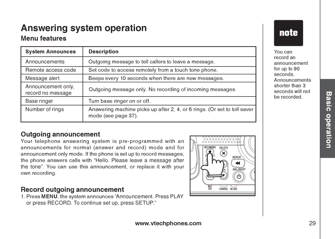 VTech i6775 user manual Menu features, Outgoing announcement, Record outgoing announcement 