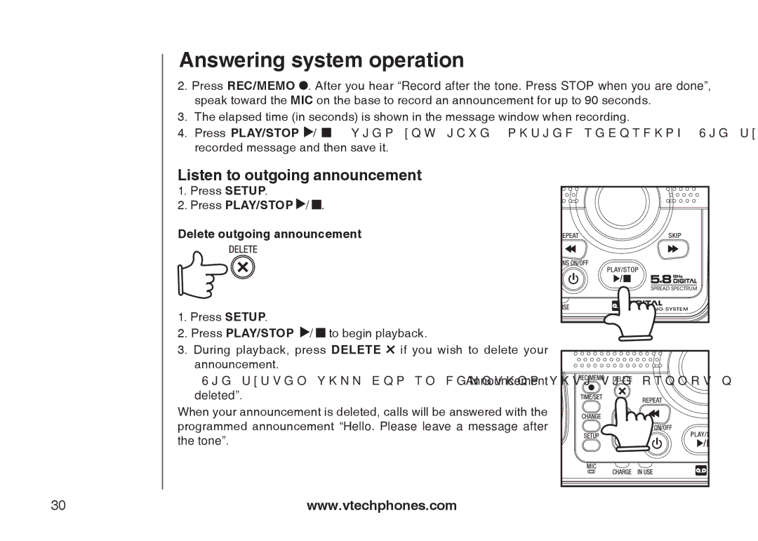 VTech i6775 user manual Listen to outgoing announcement, Press PLAY/STOP Delete outgoing announcement 