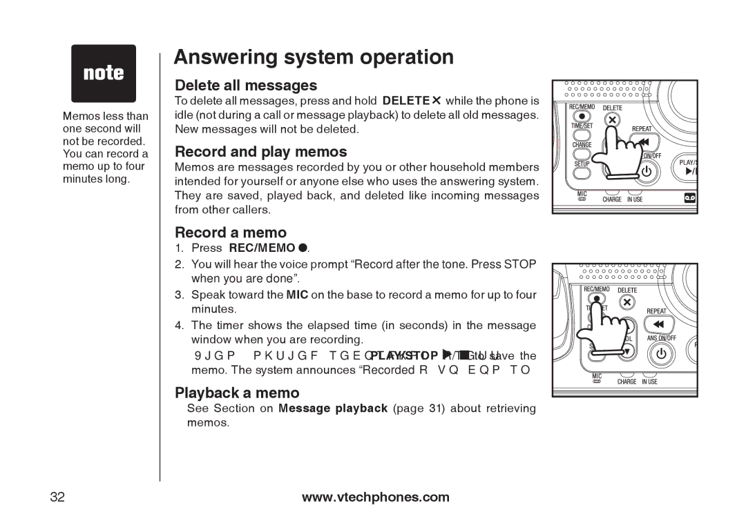 VTech i6775 user manual Delete all messages, Record and play memos, Record a memo, Playback a memo, Press REC/MEMO 