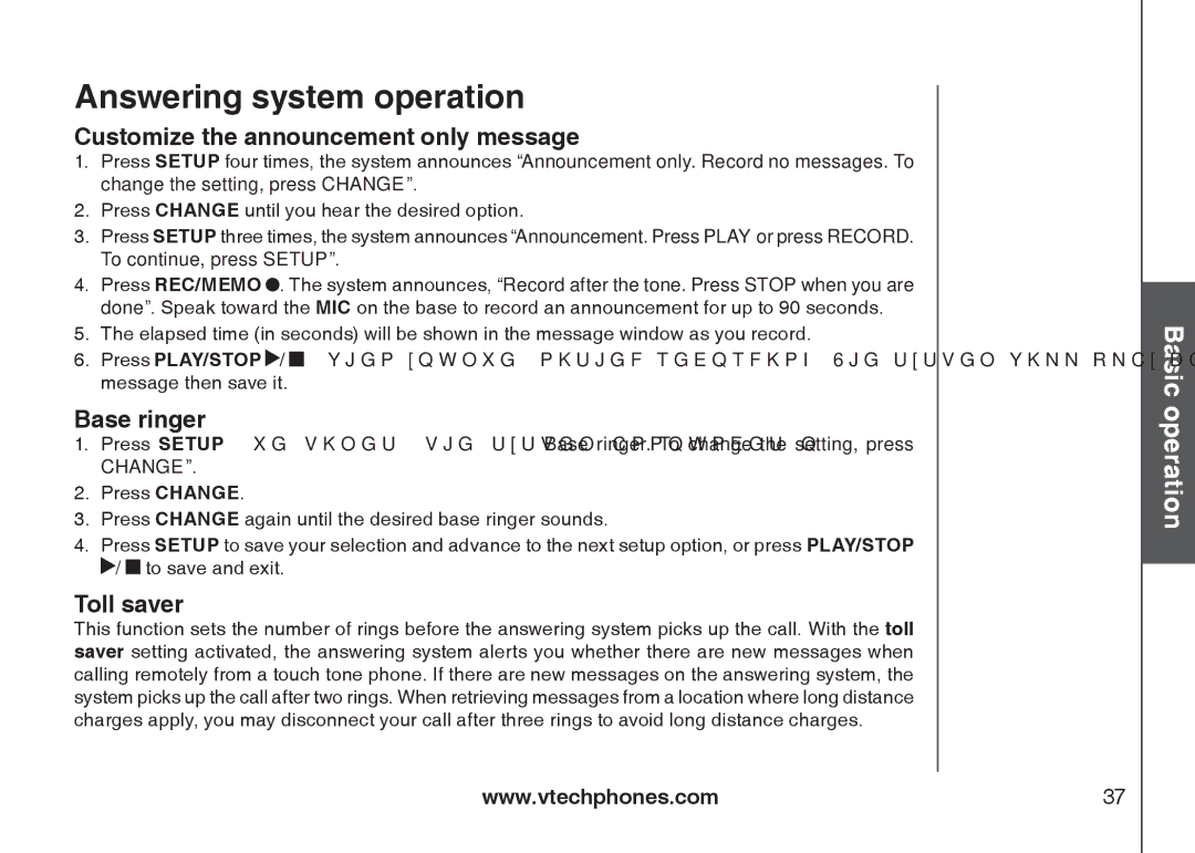 VTech i6775 user manual Customize the announcement only message, Base ringer, Toll saver 