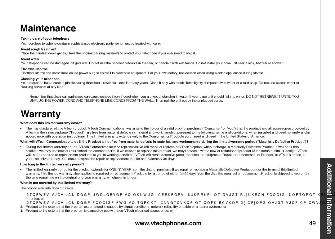 VTech i6775 user manual Maintenance, Warranty 