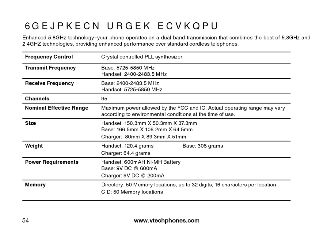 VTech i6775 user manual Technical specifications 