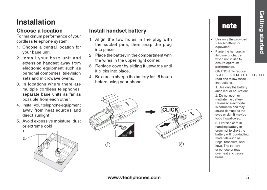 VTech i6775 user manual Installation, Choose a location, Install handset battery 