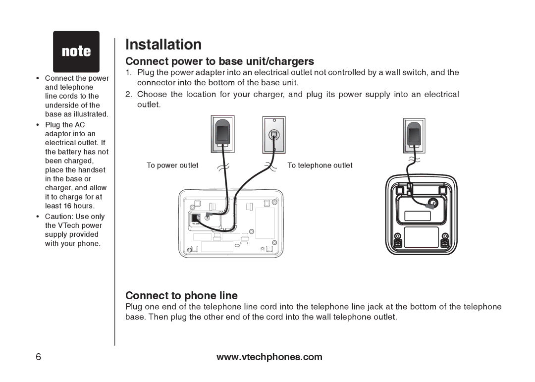 VTech i6775 user manual Connect power to base unit/chargers, Connect to phone line 