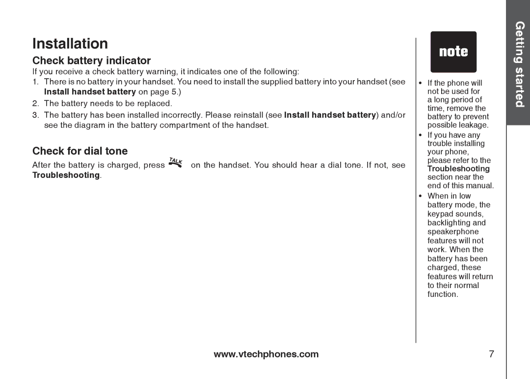 VTech i6775 user manual Check battery indicator, Check for dial tone, Troubleshooting 