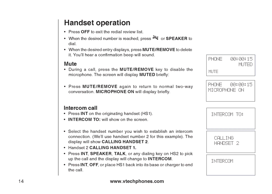 VTech i6775 user manual Mute, Intercom call, Handset 2 Calling Handset 