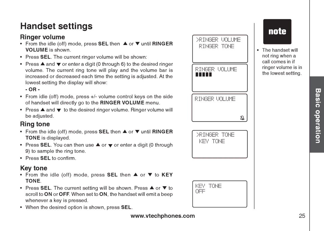 VTech i6775 user manual Handset settings, Ringer volume, Ring tone, Key tone 