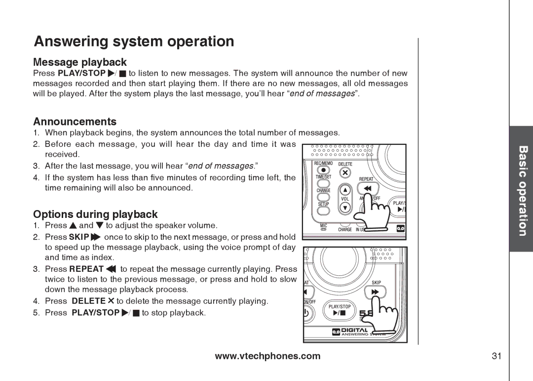 VTech i6775 user manual Message playback, Announcements, Options during playback 