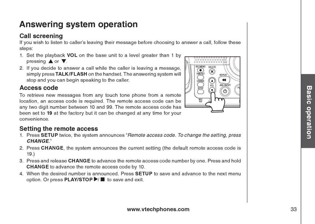 VTech i6775 user manual Call screening, Access code, Setting the remote access 