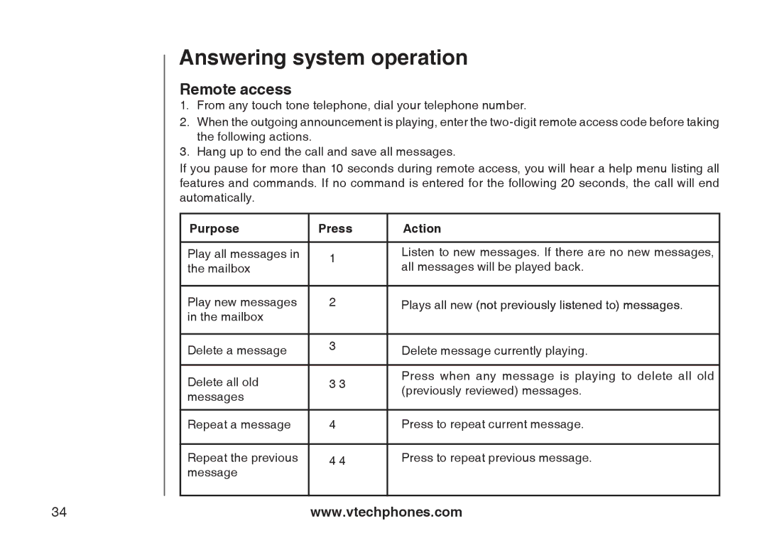 VTech i6775 user manual Remote access, Purpose Press Action 