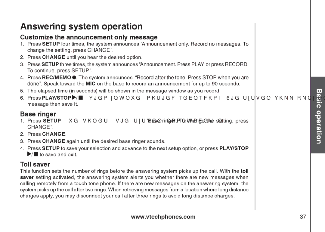 VTech i6775 user manual Customize the announcement only message, Base ringer, Toll saver 