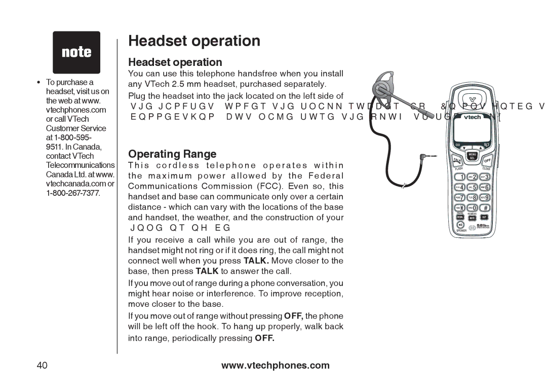 VTech i6775 user manual Headset operation, Operating Range 