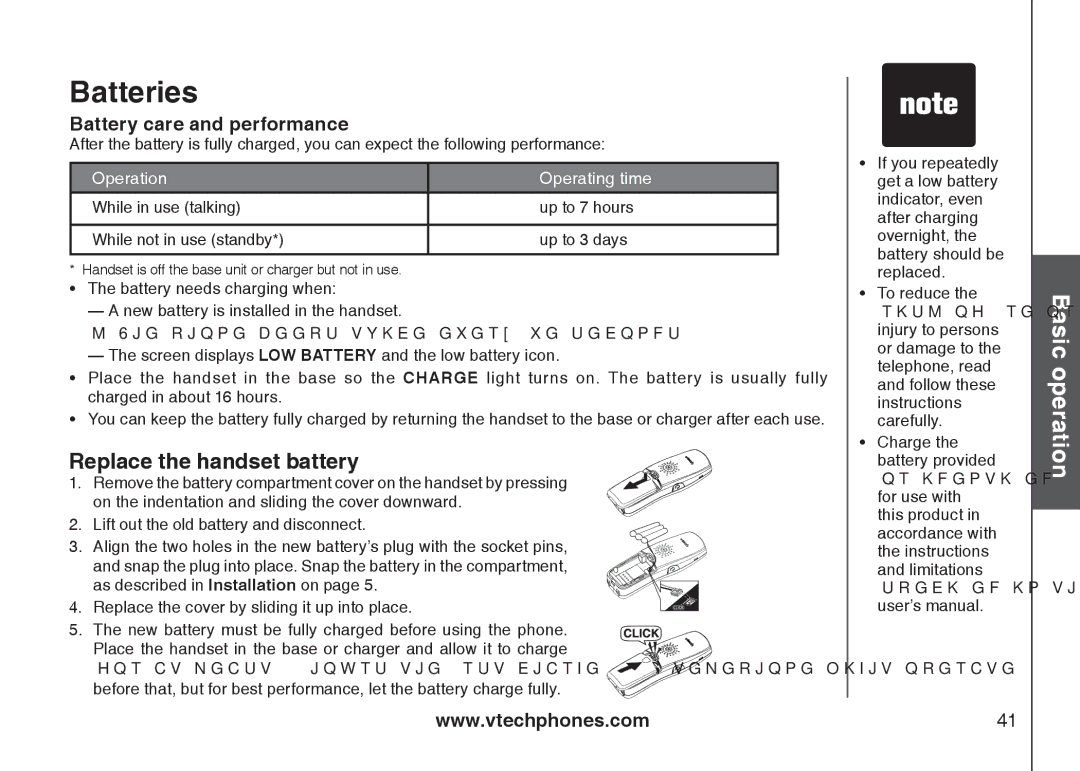 VTech i6775 user manual Batteries, Replace the handset battery 