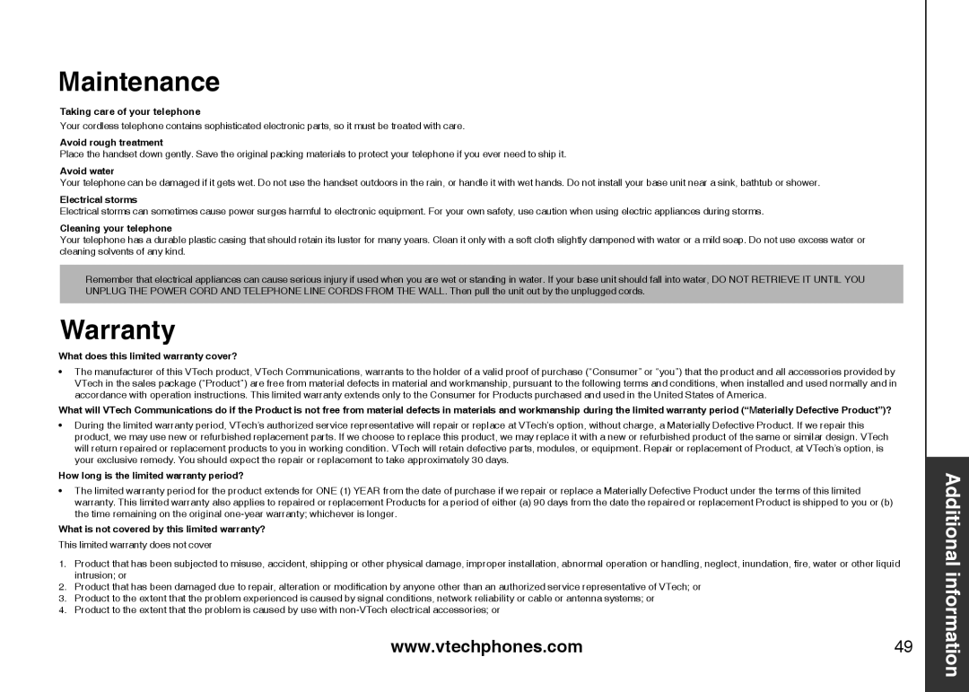 VTech i6775 user manual Maintenance, Warranty 