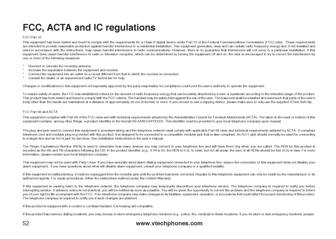 VTech i6775 user manual FCC, Acta and IC regulations, FCC Part 68 and Acta 