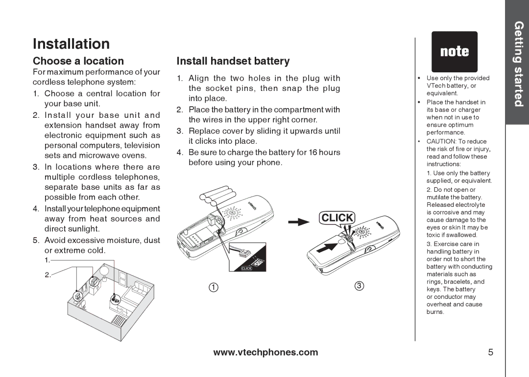 VTech i6775 user manual Installation, Choose a location, Install handset battery 