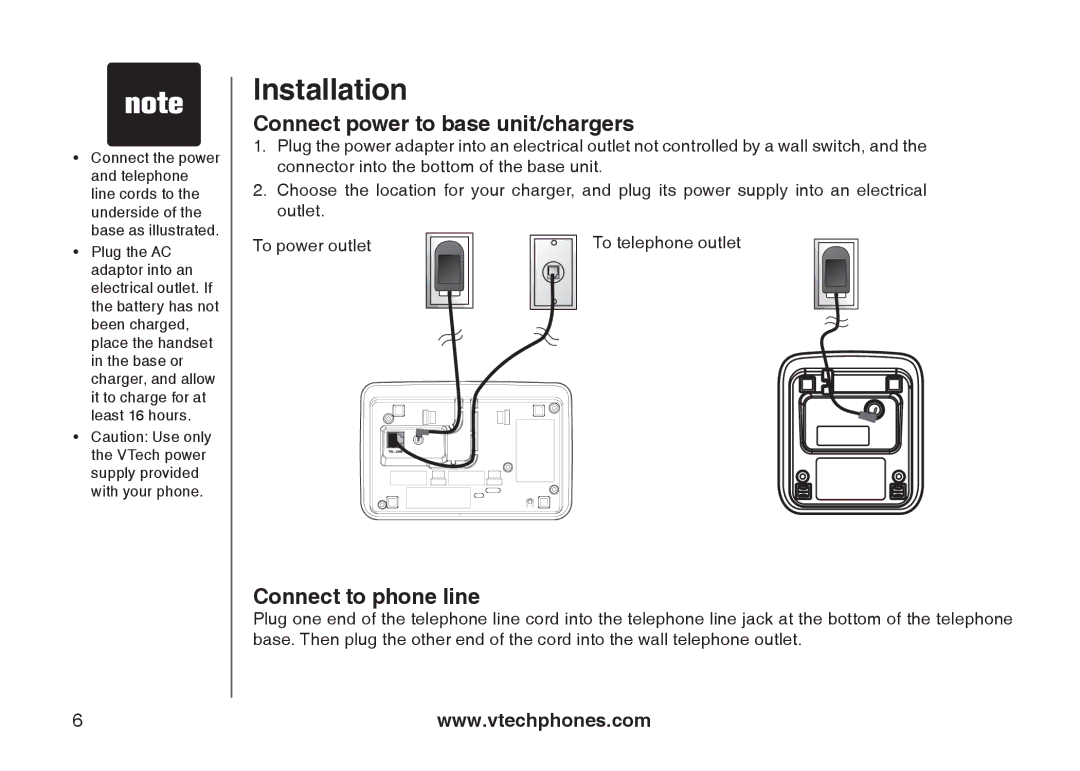 VTech i6775 user manual Connect power to base unit/chargers, Connect to phone line 