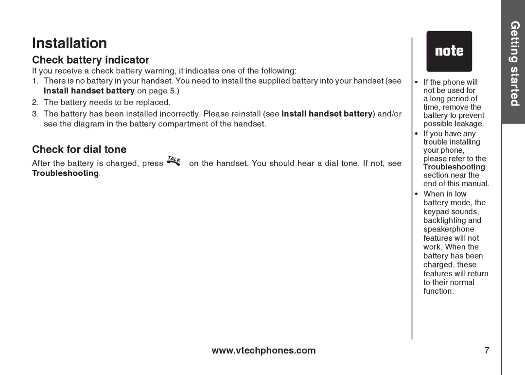 VTech i6775 user manual Check battery indicator, Check for dial tone 