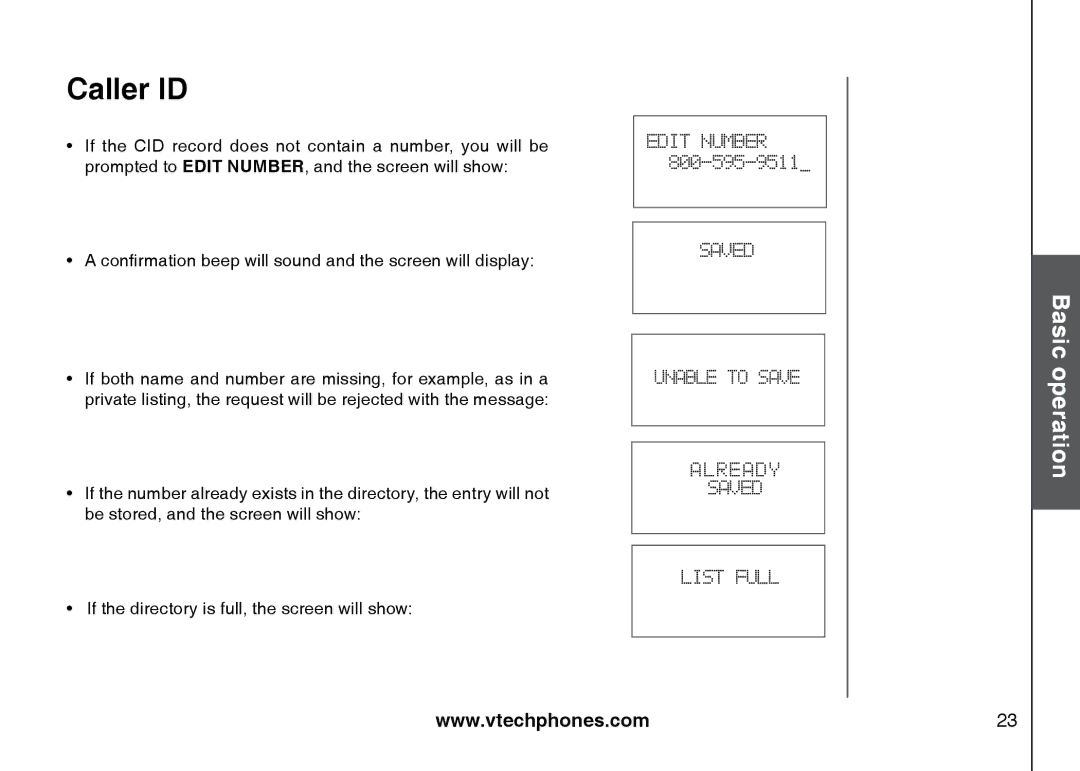 VTech I6785 manual Saved Unable to Save Already List Full 