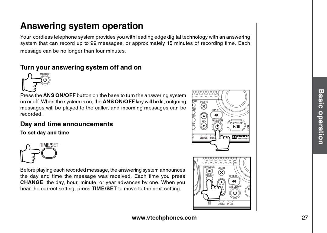 VTech I6785 manual Answering system operation, Turn your answering system off and on, Day and time announcements 