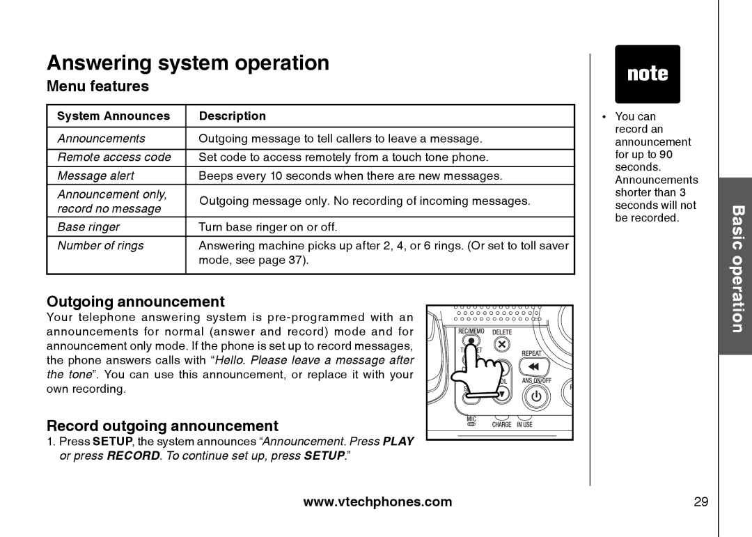 VTech I6785 manual Menu features, Outgoing announcement, Record outgoing announcement 