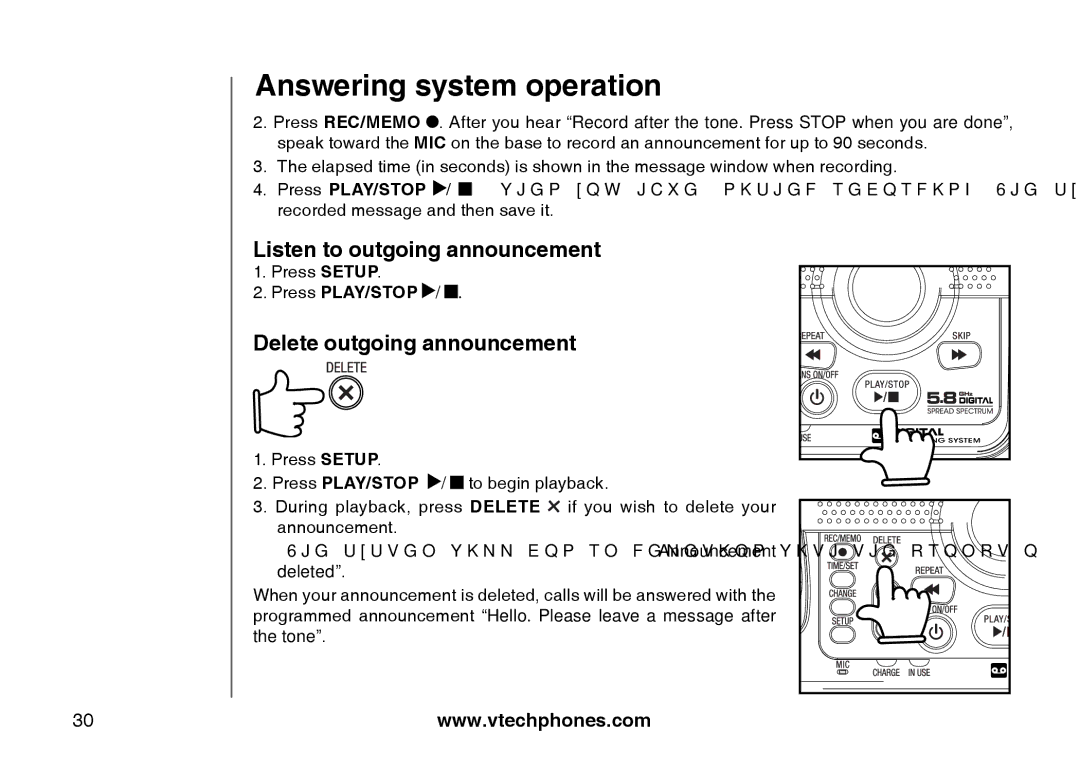 VTech I6785 manual Listen to outgoing announcement, Delete outgoing announcement, Press PLAY/STOP 