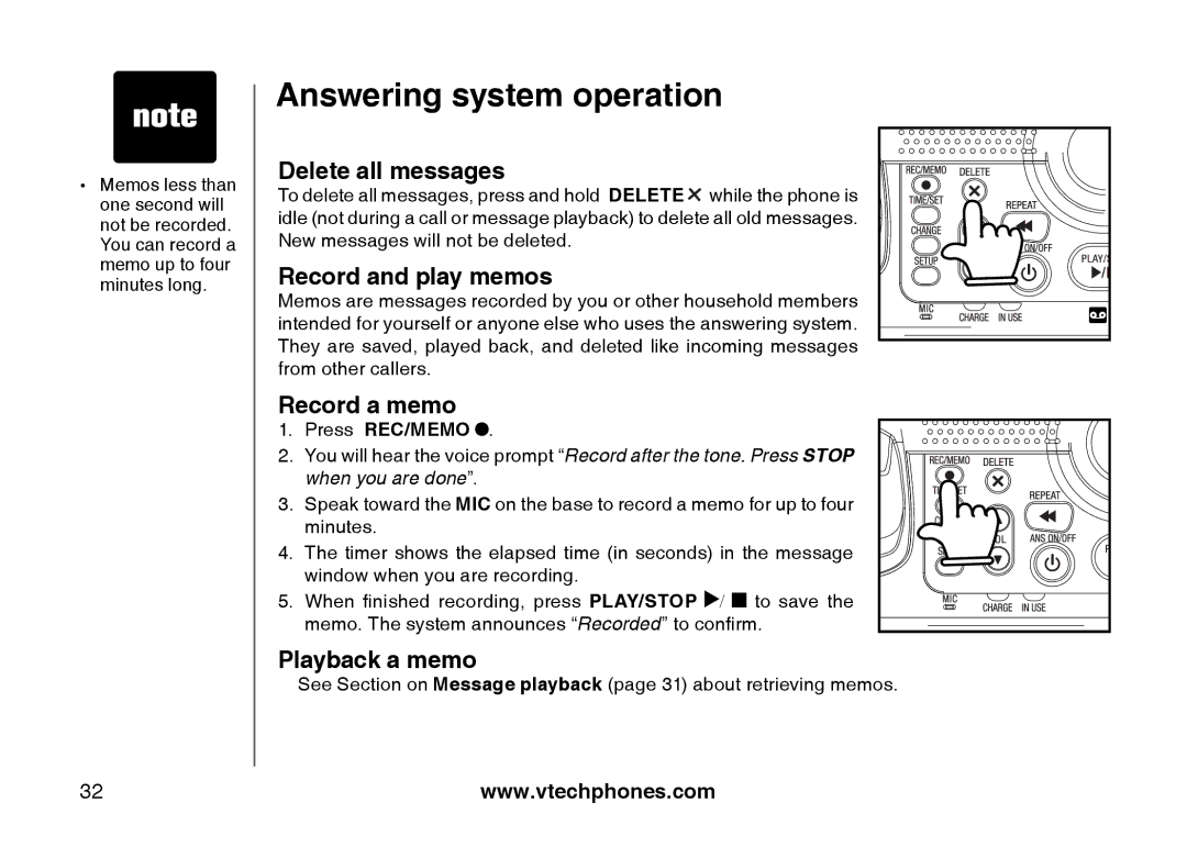 VTech I6785 manual Delete all messages, Record and play memos, Record a memo, Playback a memo, Press REC/MEMO 