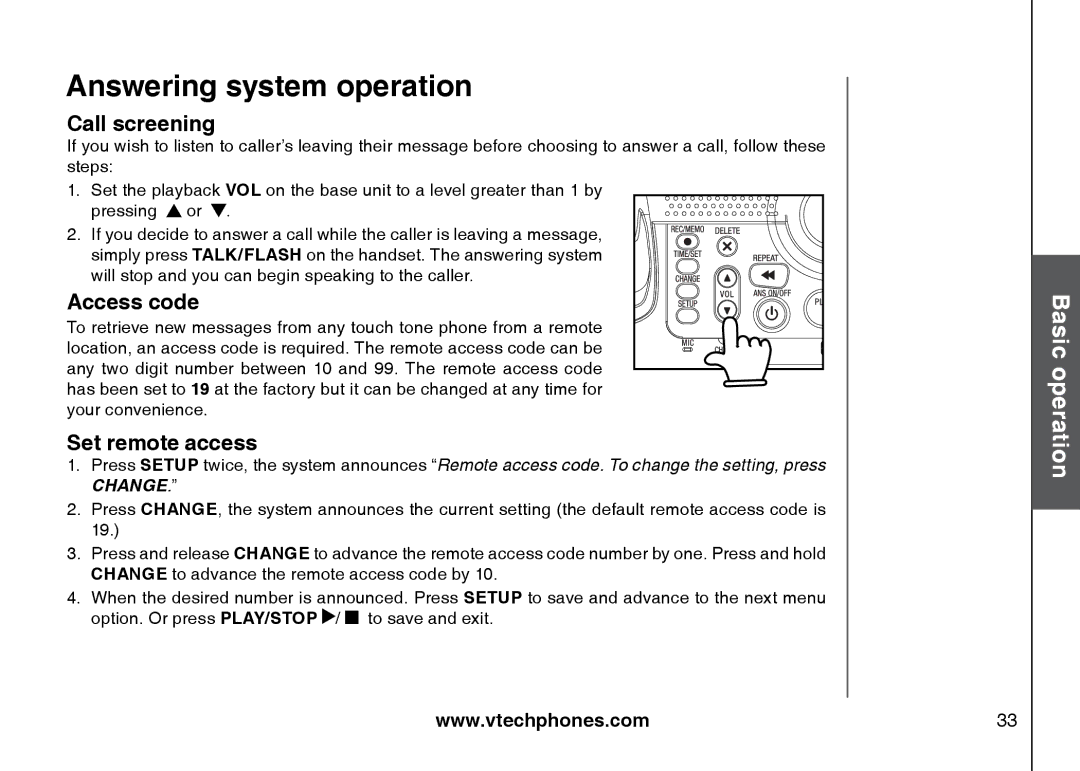 VTech I6785 manual Call screening, Access code, Set remote access 