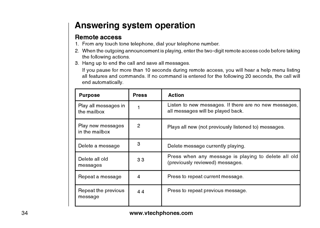 VTech I6785 manual Remote access, Purpose Press Action 