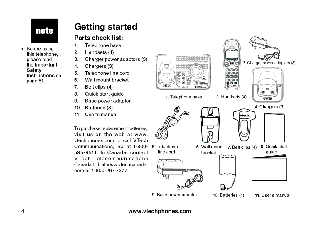 VTech I6785 manual Getting started, Parts check list 