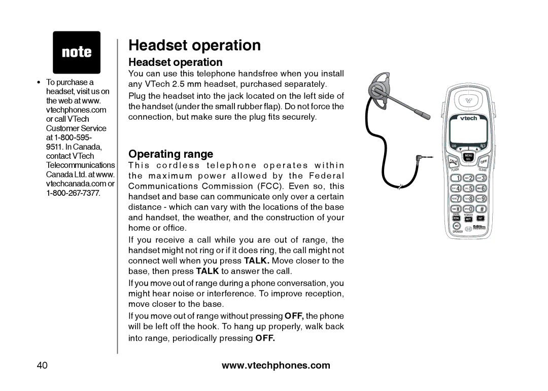 VTech I6785 manual Headset operation, Operating range 