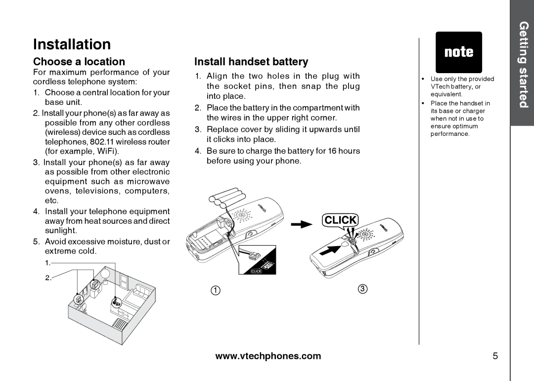 VTech I6785 manual Installation, Choose a location, Install handset battery 