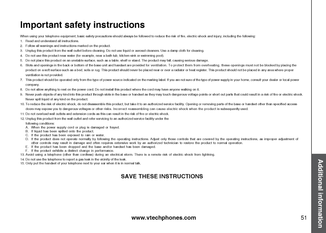 VTech I6785 manual Important safety instructions 